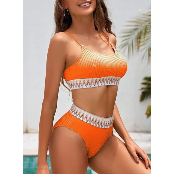 Women's 2-Piece High-Waisted Bikini Set – Scoop Neck, Cheeky Orange XL - Picture 2 of 5